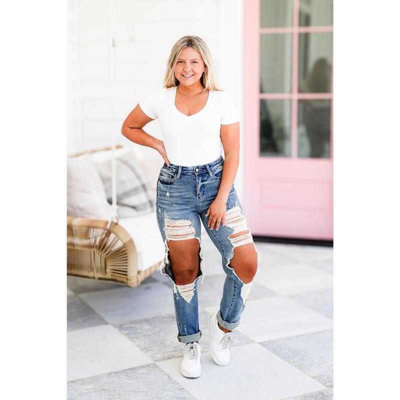 Judy Blue After Party Medium Wash Vintage Straight Leg Distressed Jeans